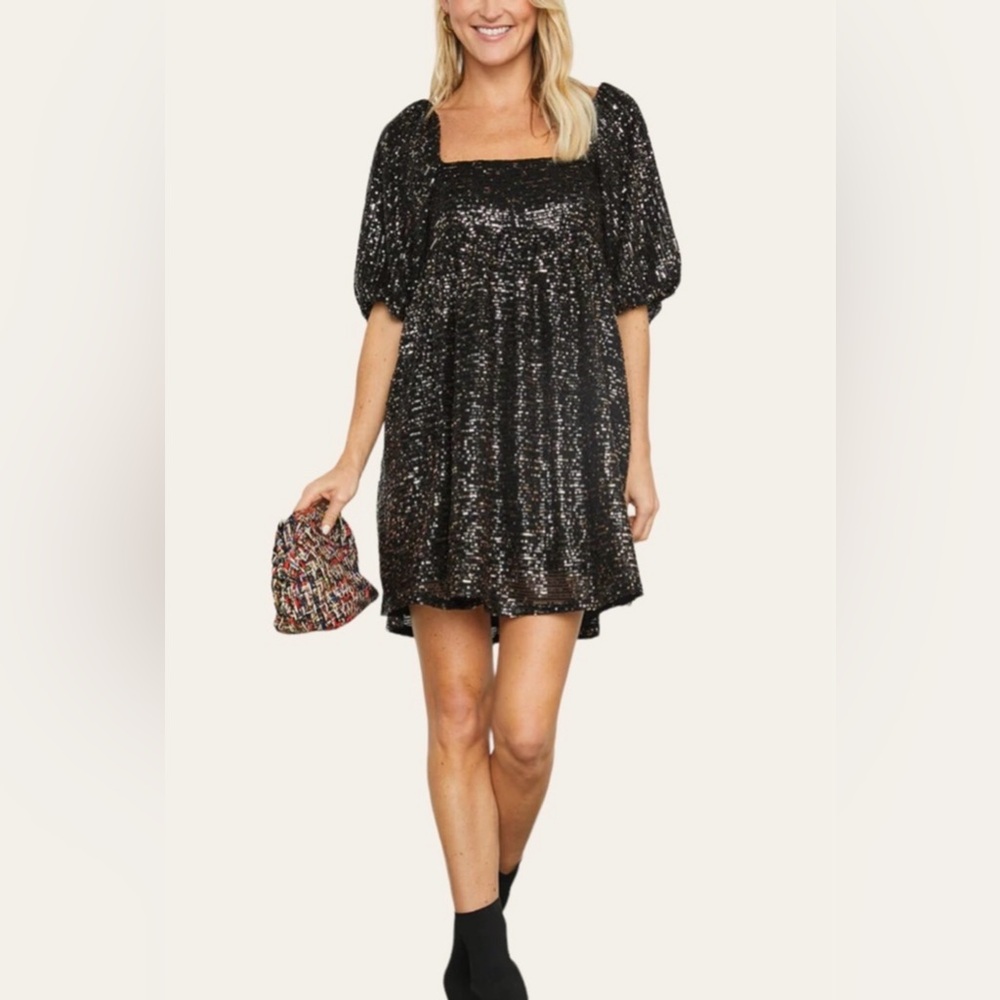 By Together Black and Gold Bubble Sleeve Babydoll Dress Small NWT